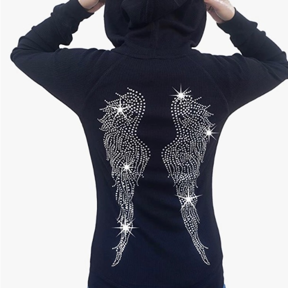 huge rhinestone angel wings thermal full zip hoodie! juniors NO Offers ❌